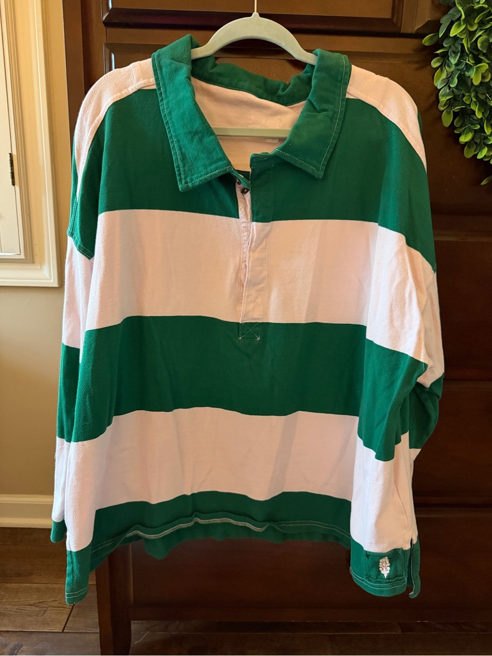 Free People Green and White Striped Rugby Top